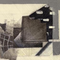 Photograph of a single frame from film, showing door, map, window ( drawing)  and metal screen wall ( model).
