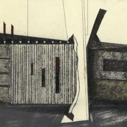 Photograph of a single frame from film, showing house (drawing) and wood wall (model).
