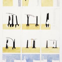 Top to bottom by row: sketches, plan and section of three gardens, section of bathhouse wall and roofs, section of wall and roofs, section of well, plan of cot area and well sketch.