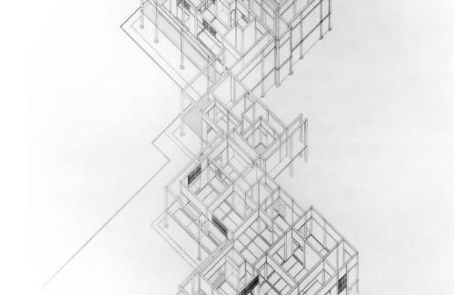 Axonometric drawing of the building seen from the ceiling downwards.