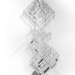Axonometric drawing of the building seen from the ceiling downwards.