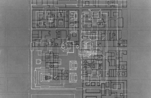 Plan, city square with superimposed Aztec center. 