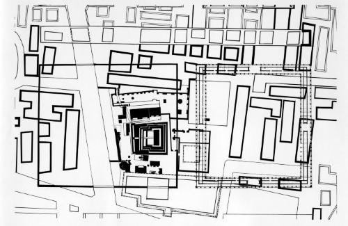 Plan, site of  Tlatelolco, pyramid, cathedral, modern apartment building. 