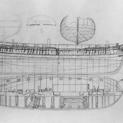 Cross section, ship ornament and study of ship construction.