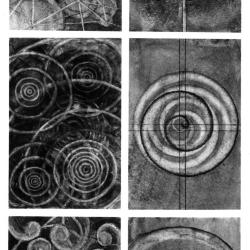 From top to bottom: decentralized spheres - centralized spheres; water ripples - ripples implode; spirals - mystic spirals.