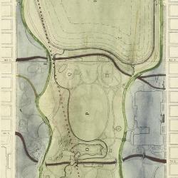 Island(s) within the park defined by the Main Drive; showing water between the ‘green island’ and the city boundary walls. Transverse roads as bridges to the (across island) metaphorical island embedded within the park plan. Diagonal axis through the park.