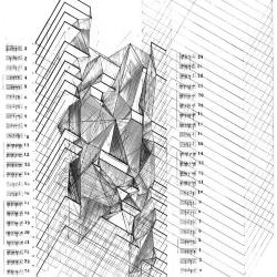 Abch combinatorics three; Tower of Babel counterpoint drawing, axonometric. 