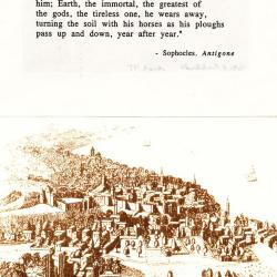 Etching of the city of Trapezus in the 1800s and excerpt from Sophocles' Antigone.
