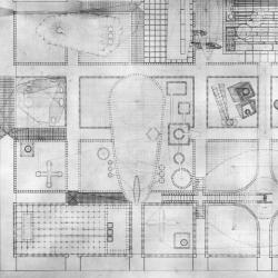Site plan including Concrete Man's House, Vertical Surveyor's House, Horizontal Surveryor's House, garden, Lawyer's House, Doorman's House, and Glass Maker's House.