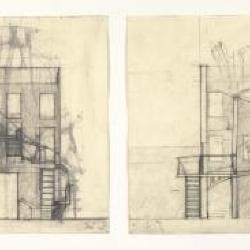 Abandoned building studies, two plans, one elevation and one section.