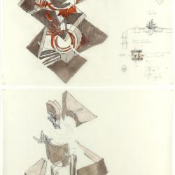  Two drawings, plan studies of two systems meeting on poles. 