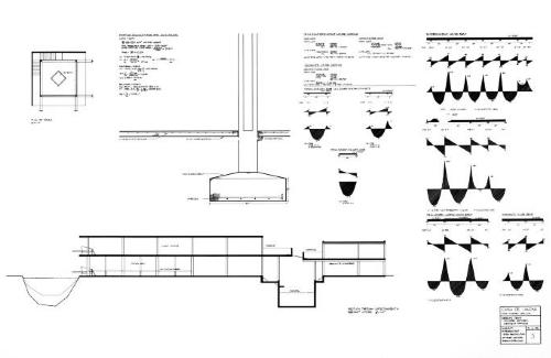 Entertainment house section, plan of tower, footings, shear/ moment drawings.